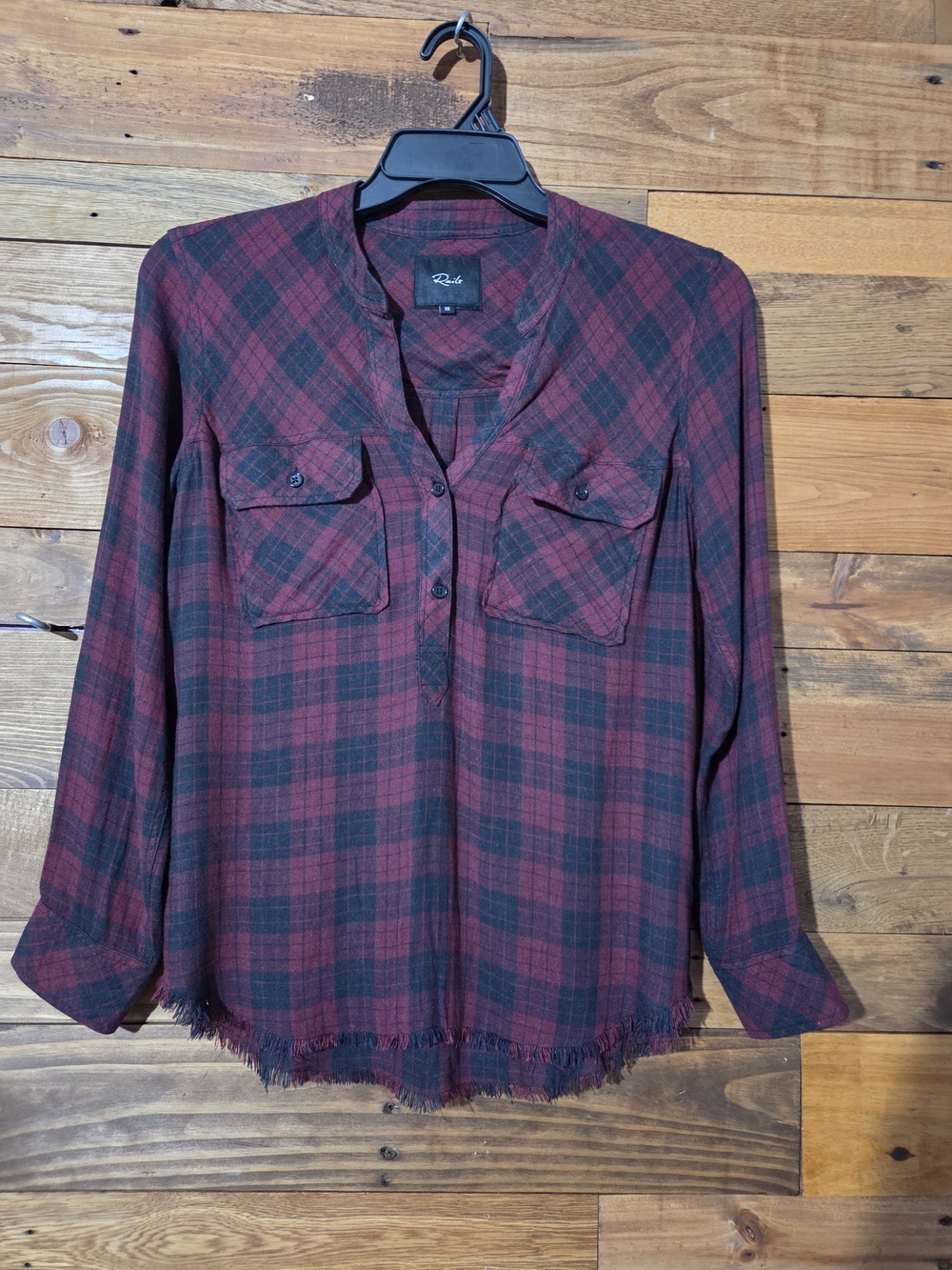 Rails XS Burgundy Black Plaid Linen Rayon Frayed Hem Popover Western Blouse